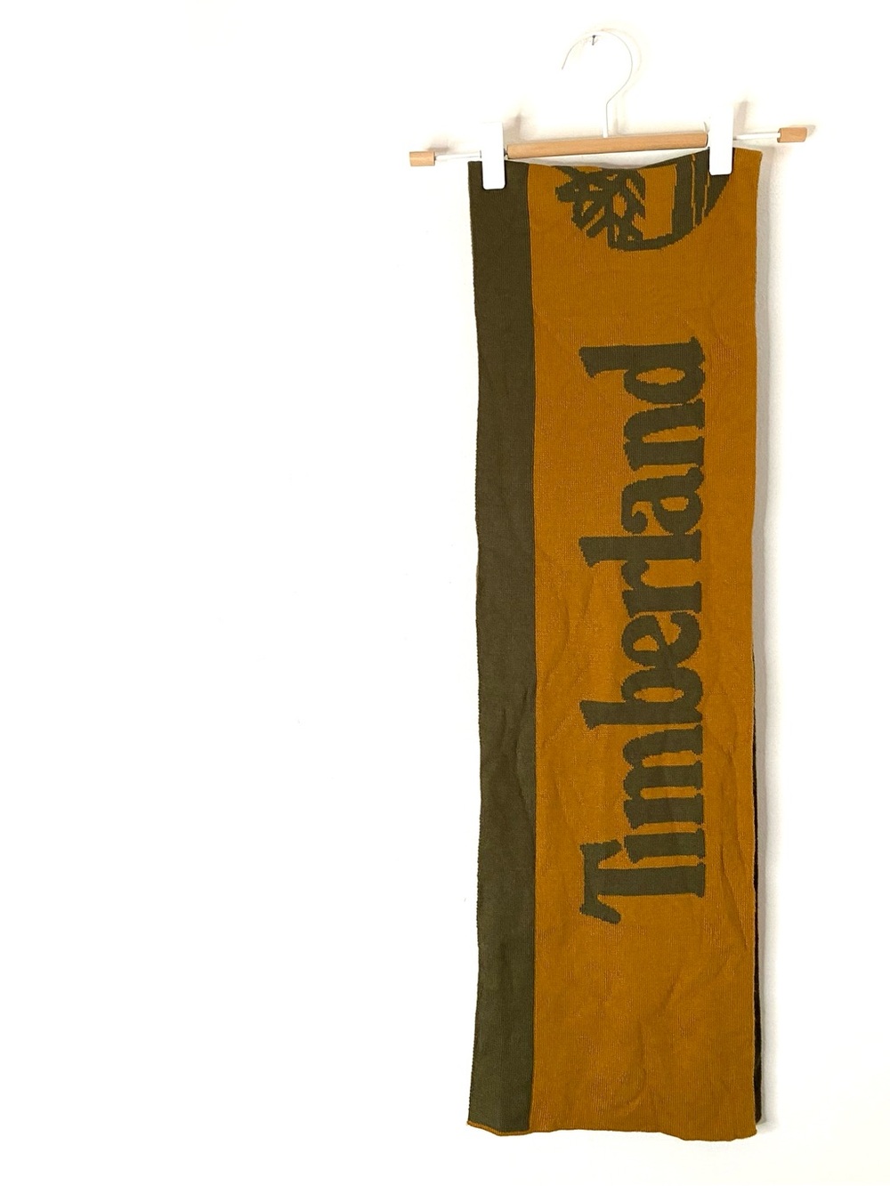 Timberland Logo Knit Scarf Mustard Yellow Olive Green Reversible Winter